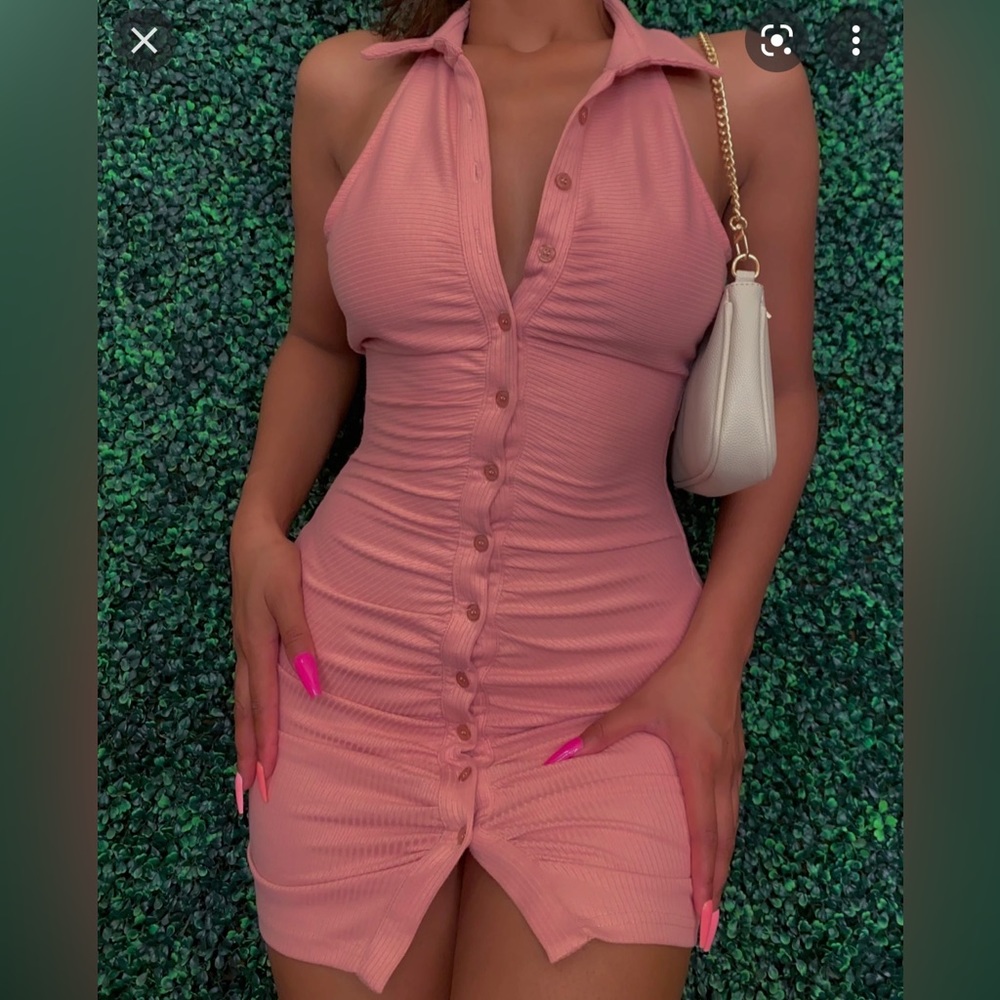 Pink mini halter dress with collar